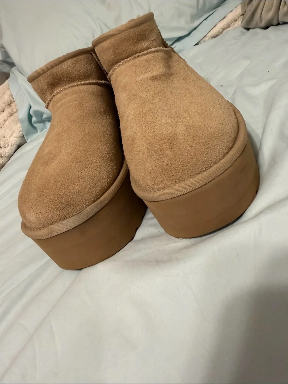 UGG Tan Suede sand Platform mini boots  worn once basically new